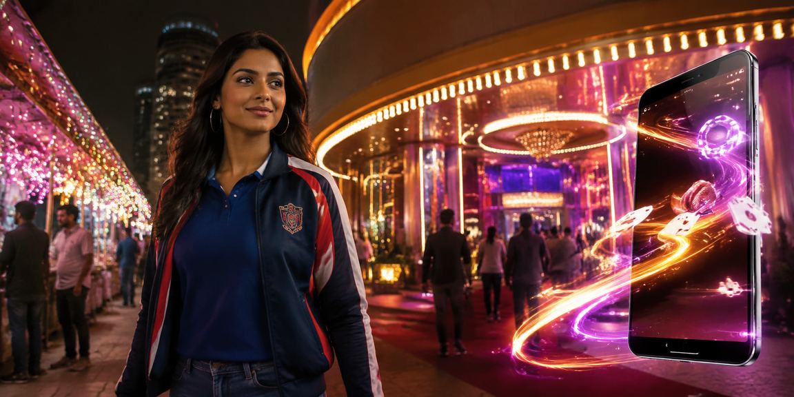 Vibrant night cricket betting scene in India with promotional banner