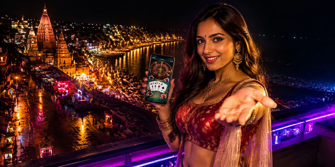 Neon lights illuminate Varanasi casino mobile app interface